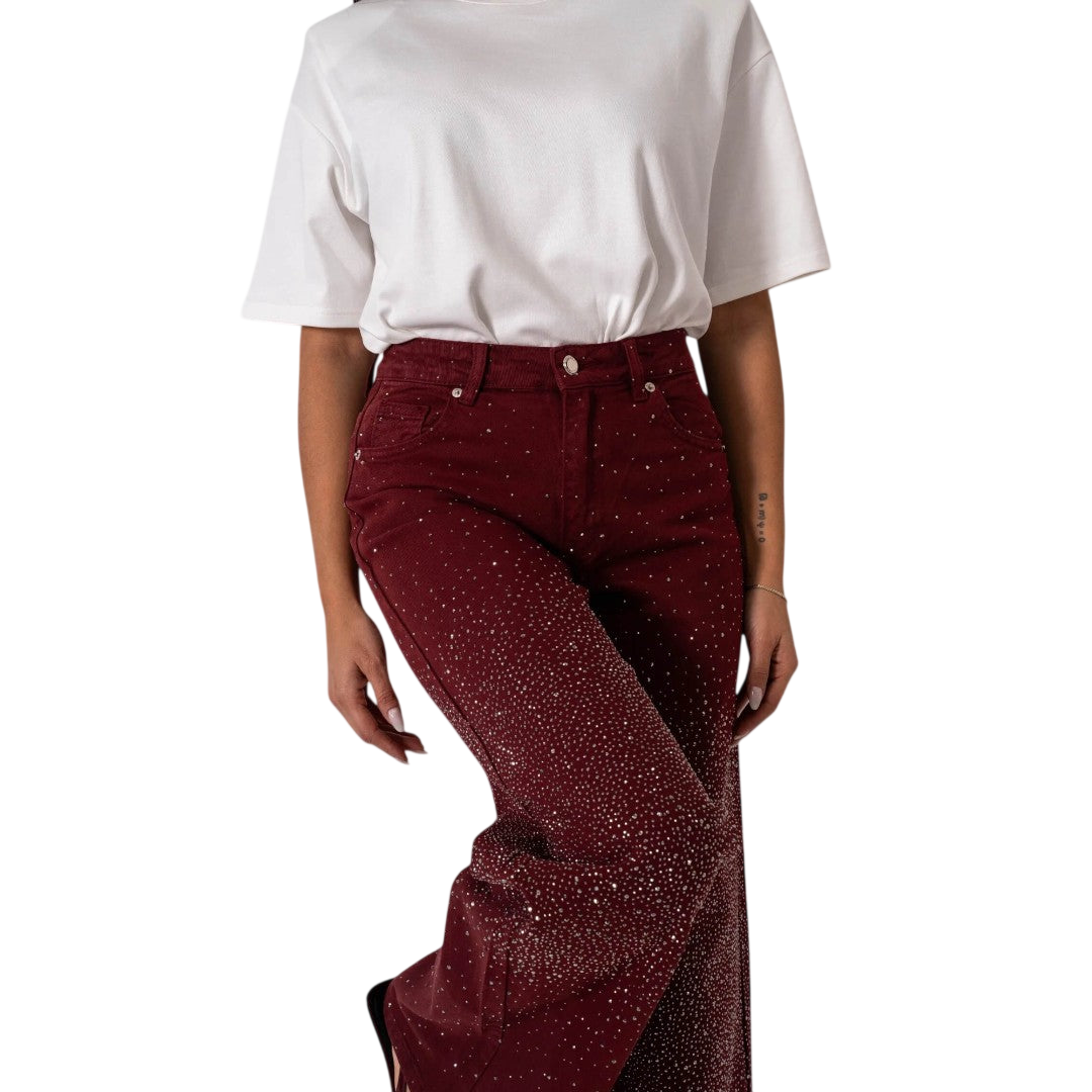 Stilværk™ | Jeans a gamba larga con strass in Bordeaux
