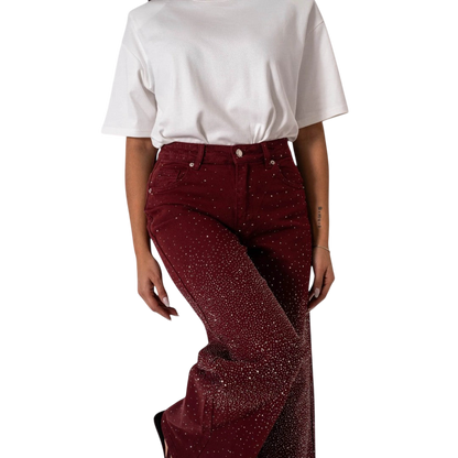 Stilværk™ | Jeans a gamba larga con strass in Bordeaux